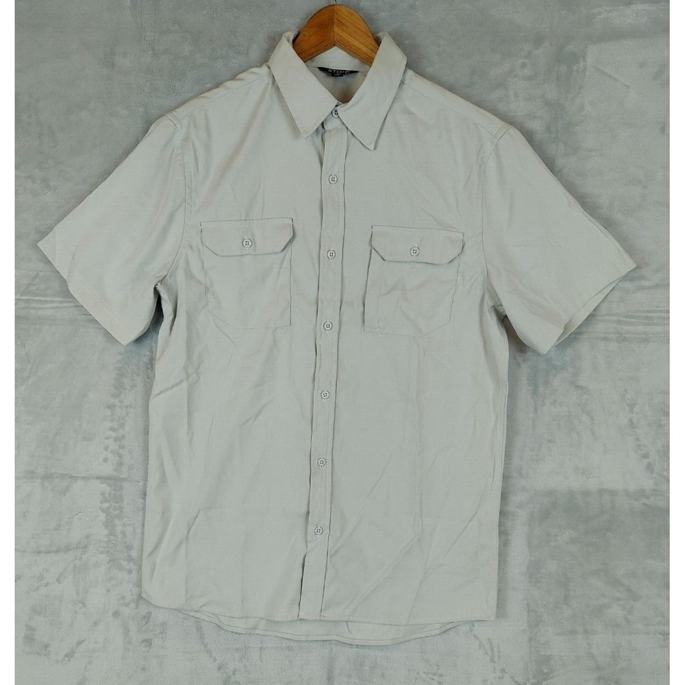Stoic Shirt Mens Small Light Gray Short Sleeve Button Up‎ Outdoor Pockets Casual